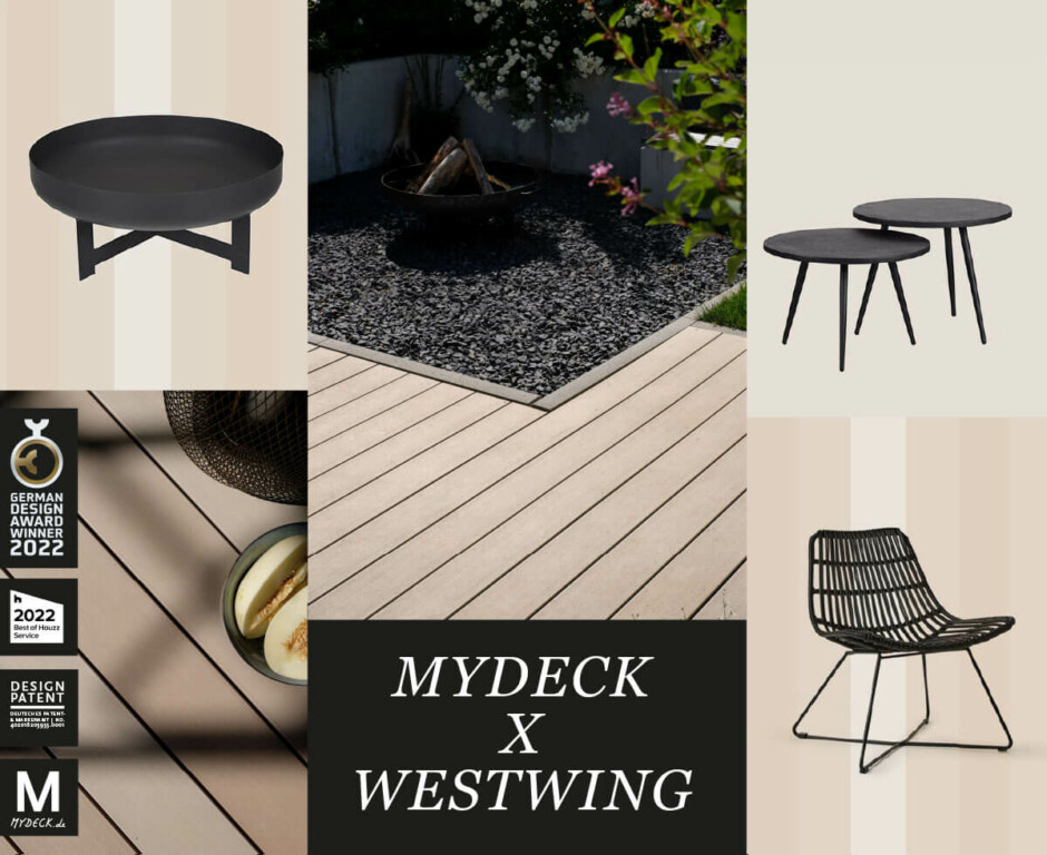 Moodboard Westwing Möbel und MYDECK WPC Terrassendielen sand farbend
